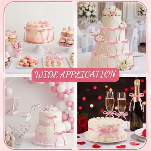 NatNarr Rose Pink Ribbon Bow Cake Toppers (30 Pack) | Handmade Polyester for Parties thumbnail 6