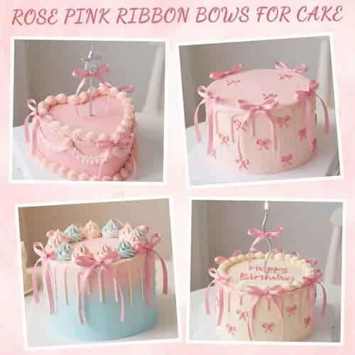 NatNarr Rose Pink Ribbon Bow Cake Toppers (30 Pack) | Handmade Polyester for Parties thumbnail 3