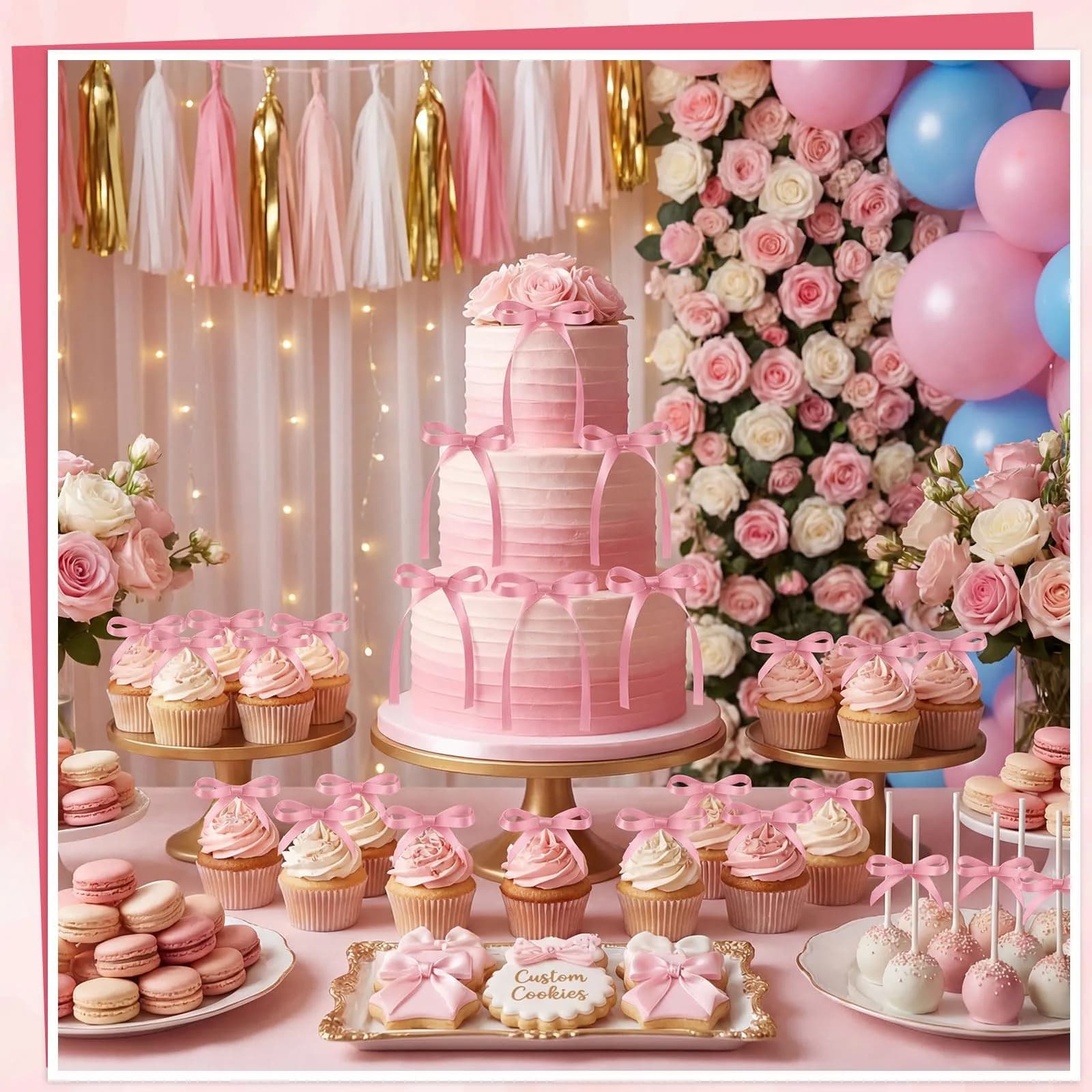 NatNarr Rose Pink Ribbon Bow Cake Toppers (30 Pack) - Handmade & Durable for Indian Celebrations - view 4