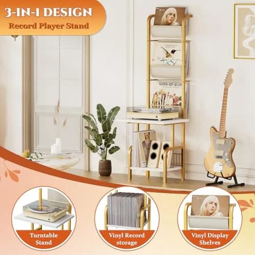 Tewinko Record Player Stand with Vinyl Storage | Vertical Design, Holds Up to 200 Albums (70-120 chars) thumbnail 2