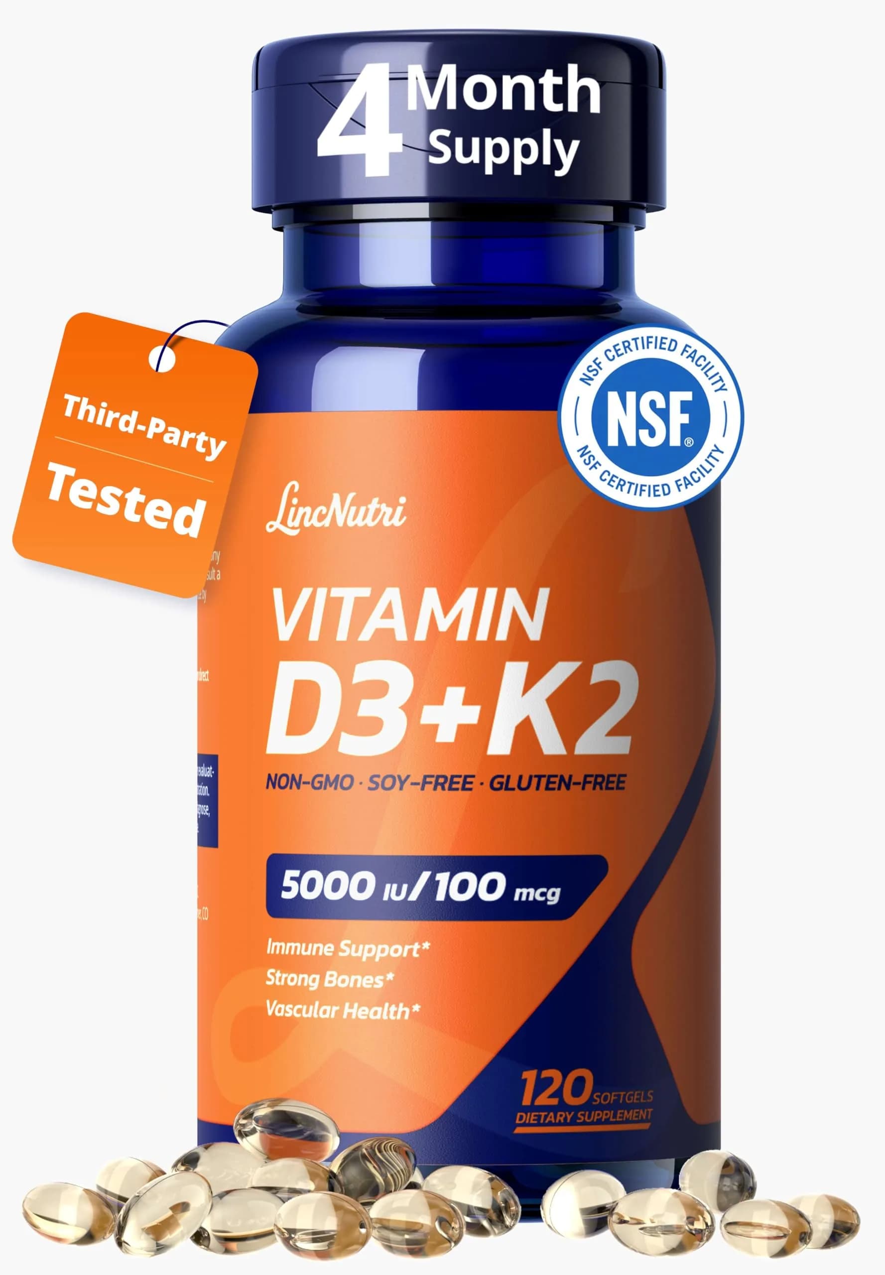 LincNutri Vitamin D3 K2 5,000IU MK7 100mcg | Supports Bone & Heart Health, 4-Month Supply