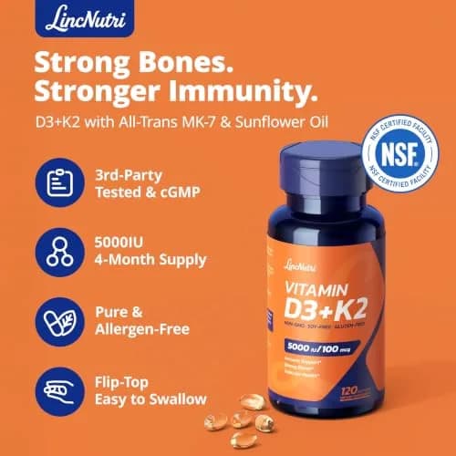 LincNutri Vitamin D3 K2 5,000IU MK7 100mcg | Supports Bone & Heart Health, 4-Month Supply thumbnail 4