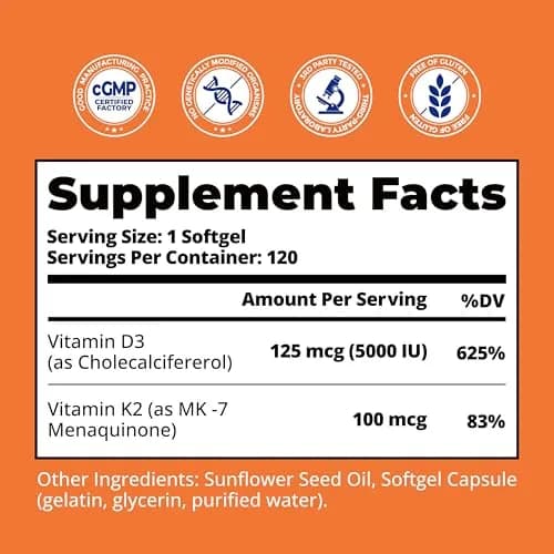 LincNutri Vitamin D3 K2 5,000IU MK7 100mcg | Supports Bone & Heart Health, 4-Month Supply thumbnail 9