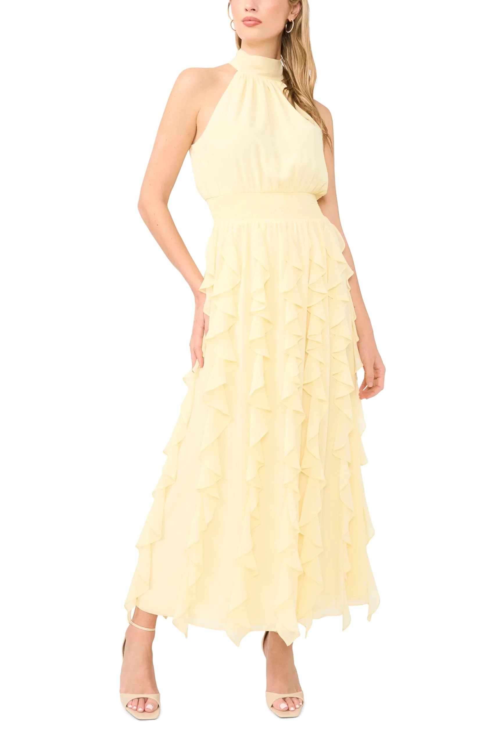 1.STATE Sleeveless Cascading Maxi Dress Pastel Yellow | Elegant Flowing Maxi for Women — Pastel Yellow