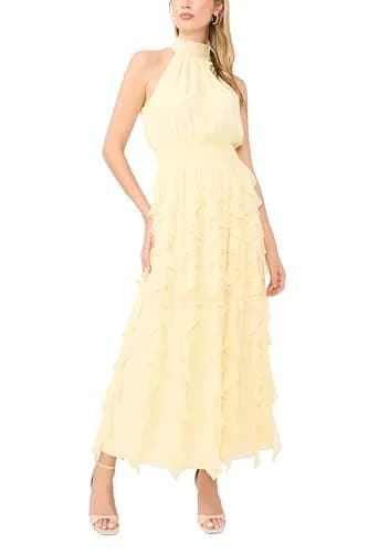1.STATE Sleeveless Cascading Maxi Dress Pastel Yellow | Elegant Floor-Length Summer Style thumbnail 1
