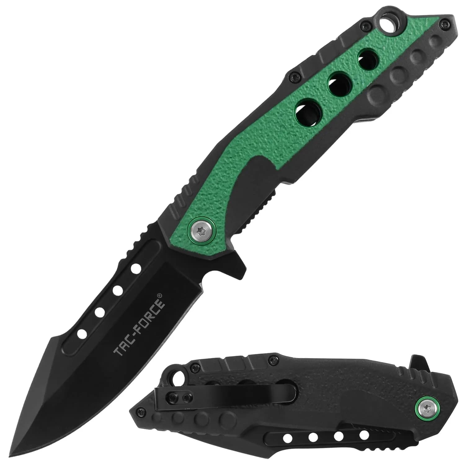 Tac-Force Tactical Folding Pocket Knife, Black & Green Aluminum Handle, 3.75" Drop Point Blade, 8.5" Overall — Green