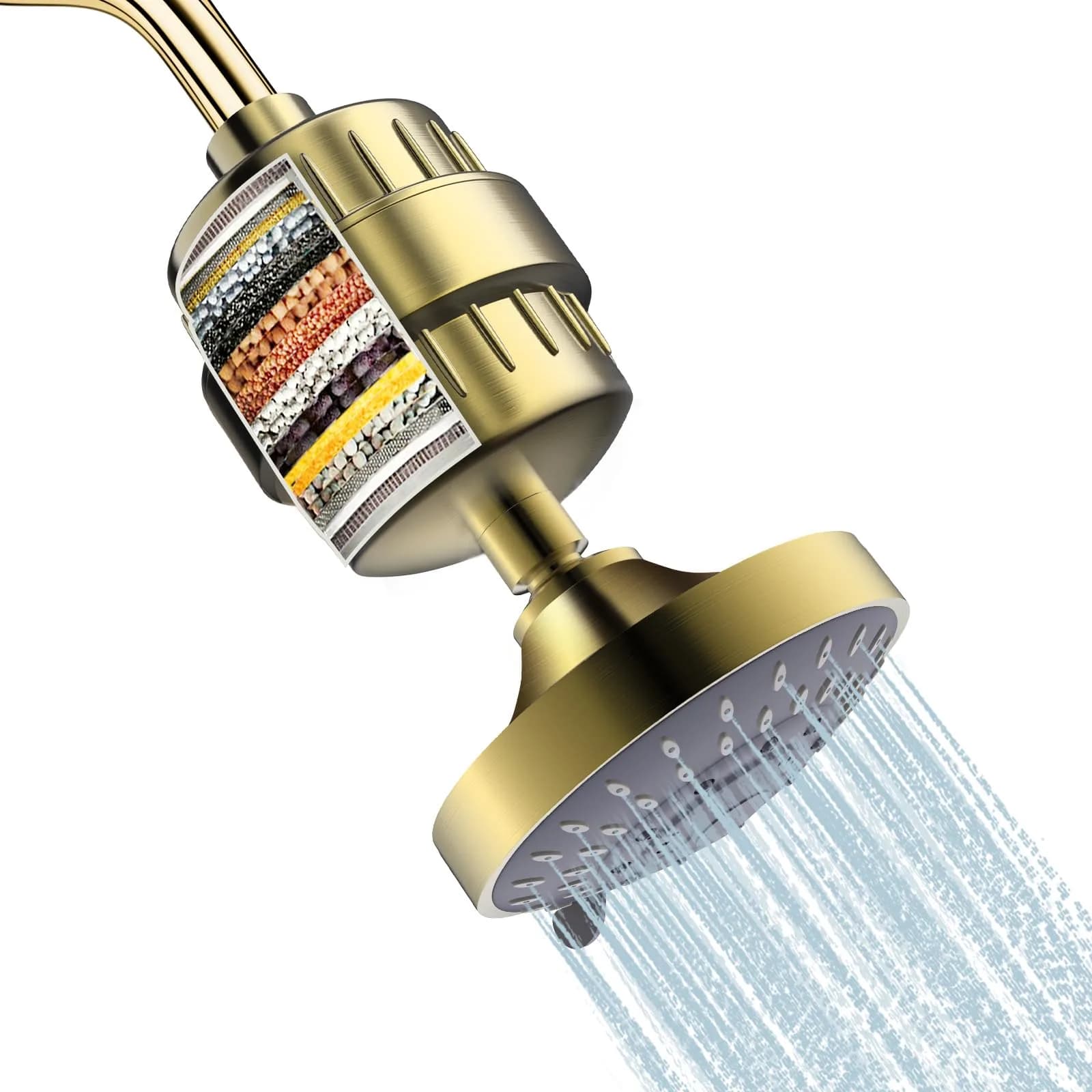 FEELSO Fixed Shower Head with 15-Stage Filter | Golden Finish, 4.1 Inch Diameter, 5 Spray Modes — Golden