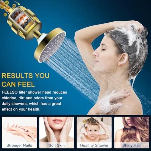 FEELSO Fixed Shower Head with 15-Stage Filter | Golden Finish, 4.1 Inch Diameter, 5 Spray Modes thumbnail 4