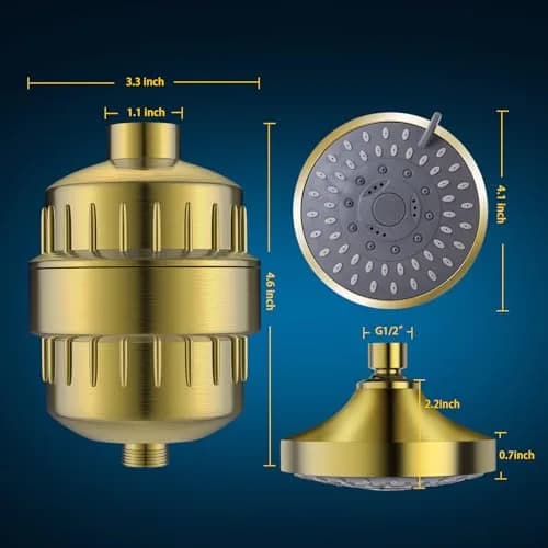 FEELSO Fixed Shower Head with 15-Stage Filter | Golden Finish, 4.1 Inch Diameter, 5 Spray Modes thumbnail 2