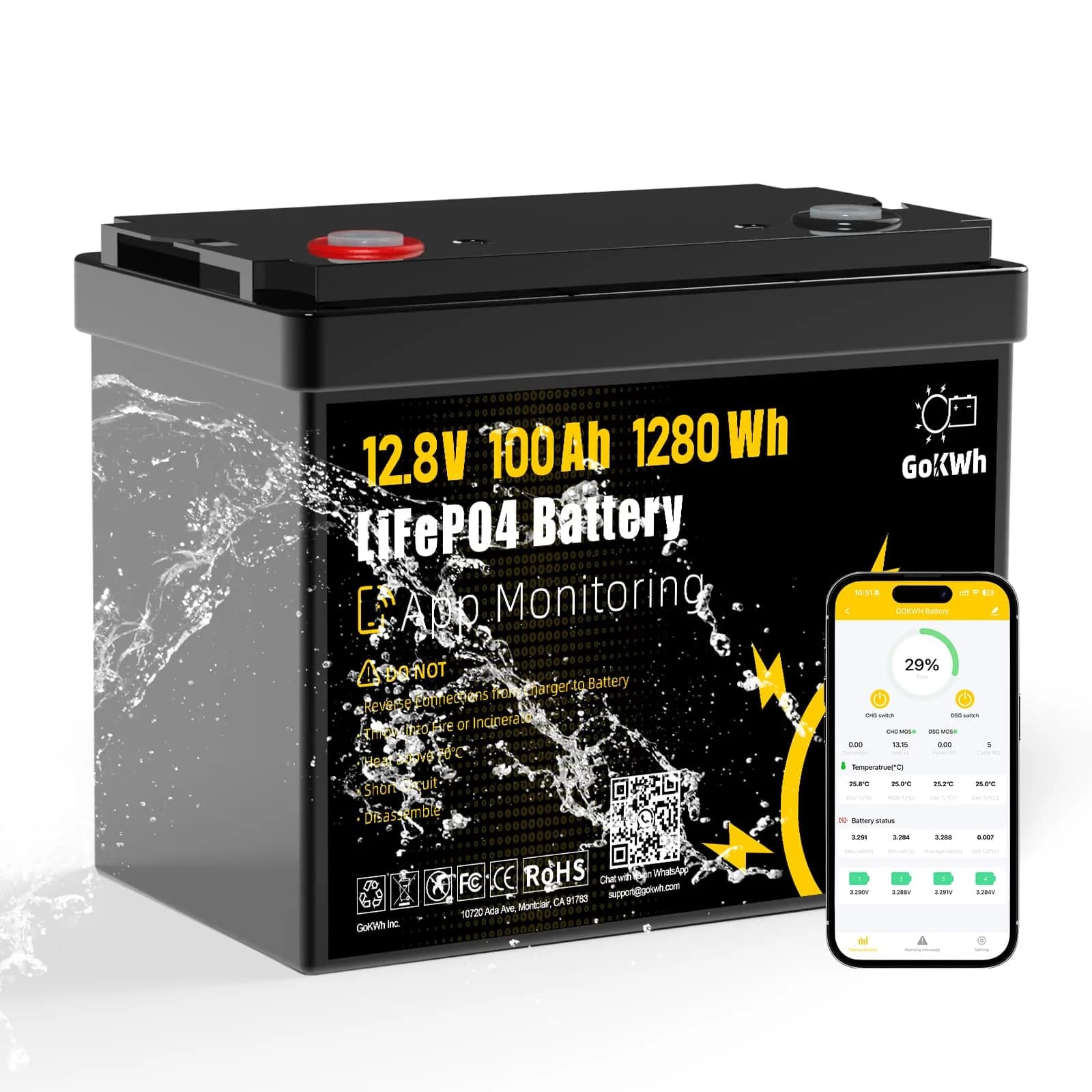 GOKWH 12V 100Ah LiFePO4 Marine Battery with Bluetooth APP | Deep Cycle Trolling Motor Power