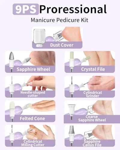 Hoxida Cordless Electric Nail File Set with 360° LED Light, Rechargeable Manicure Pedicure Kit for Feet & Hands, 0-20,000 RPM, Oil-Purple | Professional Salon Quality thumbnail 5