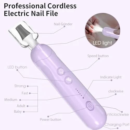 Hoxida Cordless Electric Nail File Set with 360° LED Light, Rechargeable Manicure Pedicure Kit for Feet & Hands, 0-20,000 RPM, Oil-Purple | Professional Salon Quality thumbnail 7