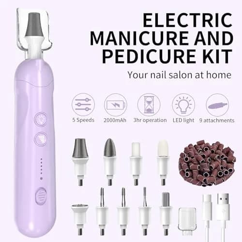 Hoxida Cordless Electric Nail File Set with 360° LED Light, Rechargeable Manicure Pedicure Kit for Feet & Hands, 0-20,000 RPM, Oil-Purple | Professional Salon Quality thumbnail 2