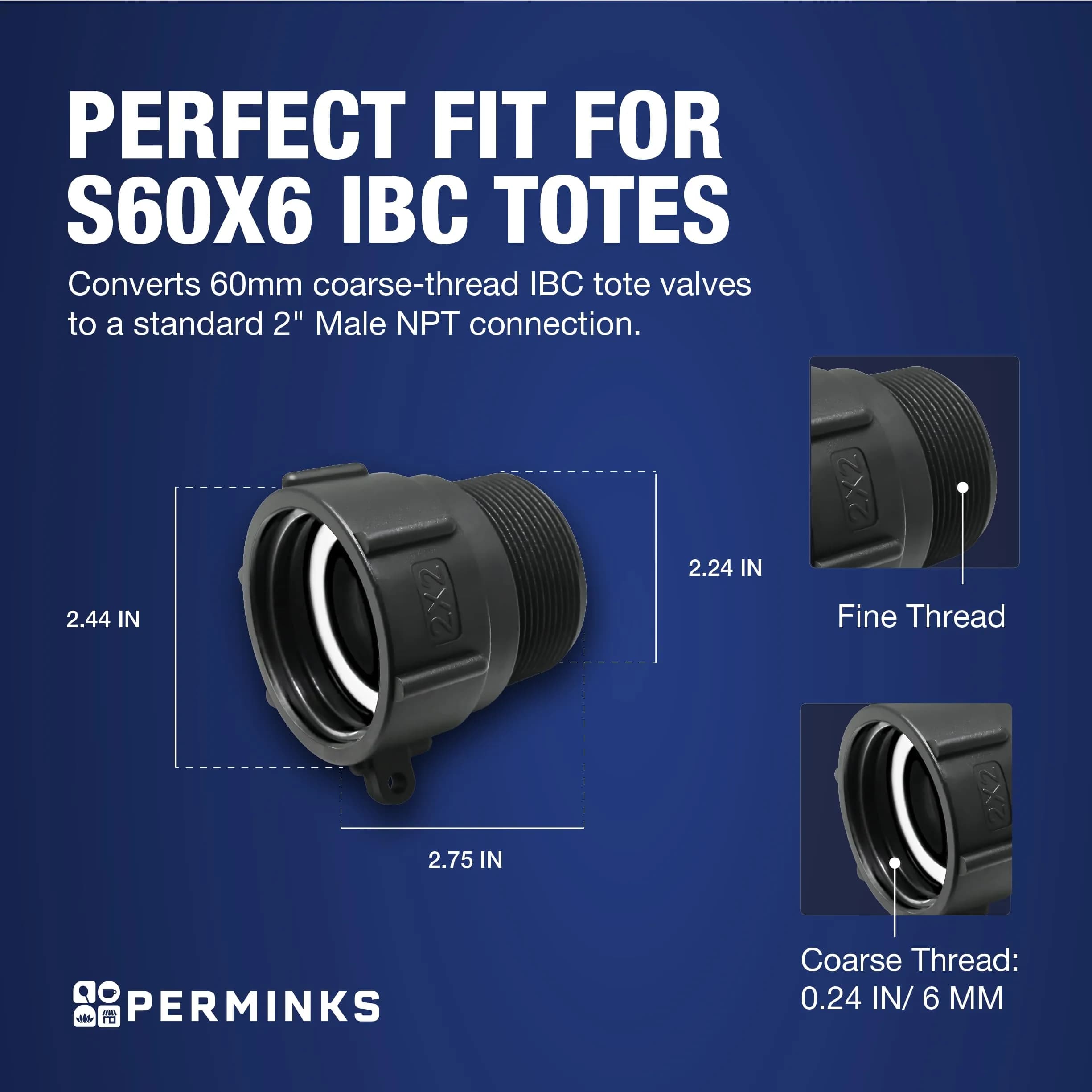 PERMINKS IBC Tote Adapter S60x6 60mm Coarse Thread to 2" NPT, 275-330 Gal, 2-Pack | Connect IBC Tanks to NPT Plumbing - view 2
