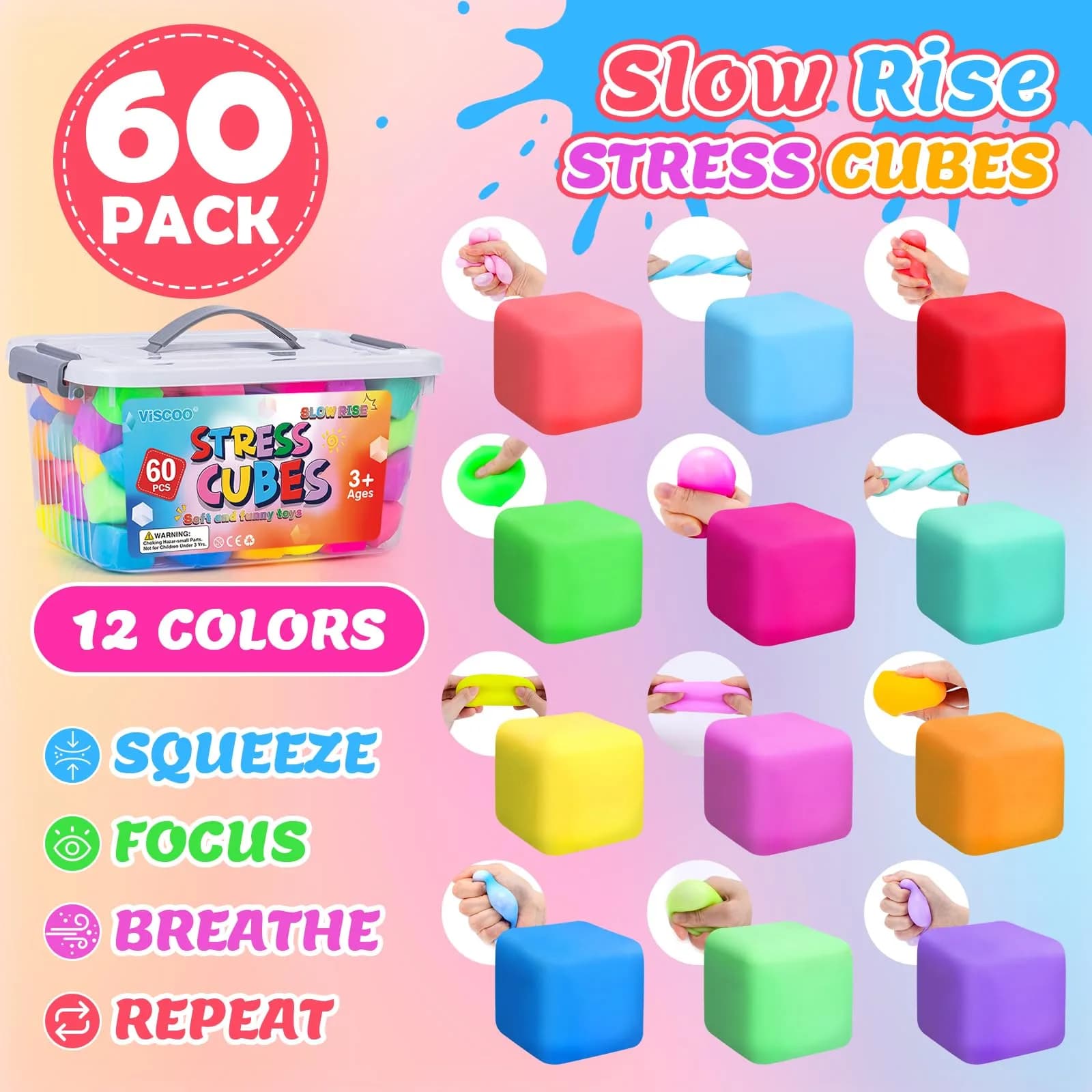 VISCOO 60 Pack Slow Rising Stress Cube Fidget Toys | Non-Toxic BPA-Free - view 4