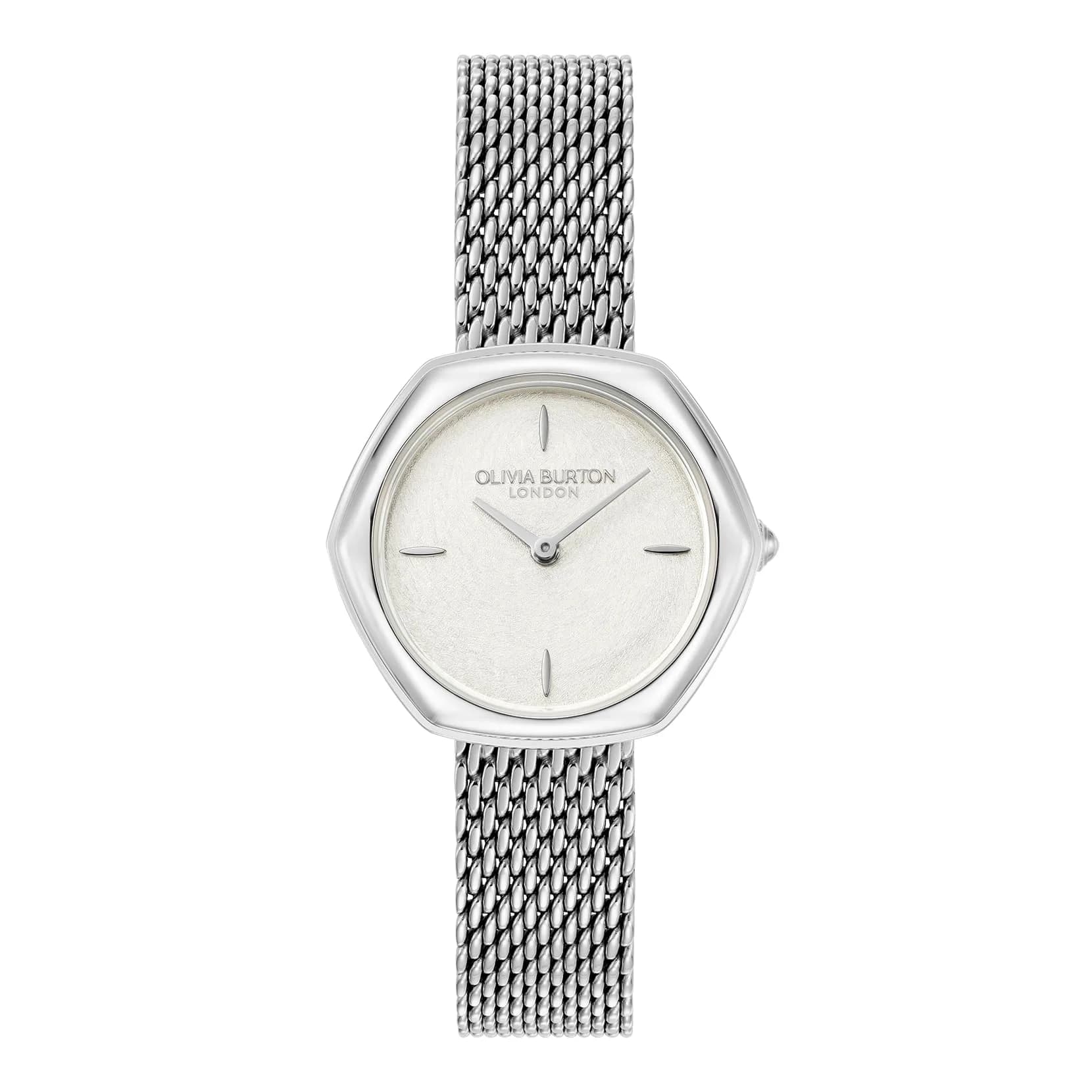 Olivia Burton Charing 29mm Women’s Quartz Watch | Hexagonal Honeycomb Design, Silver Dial, Mesh Strap