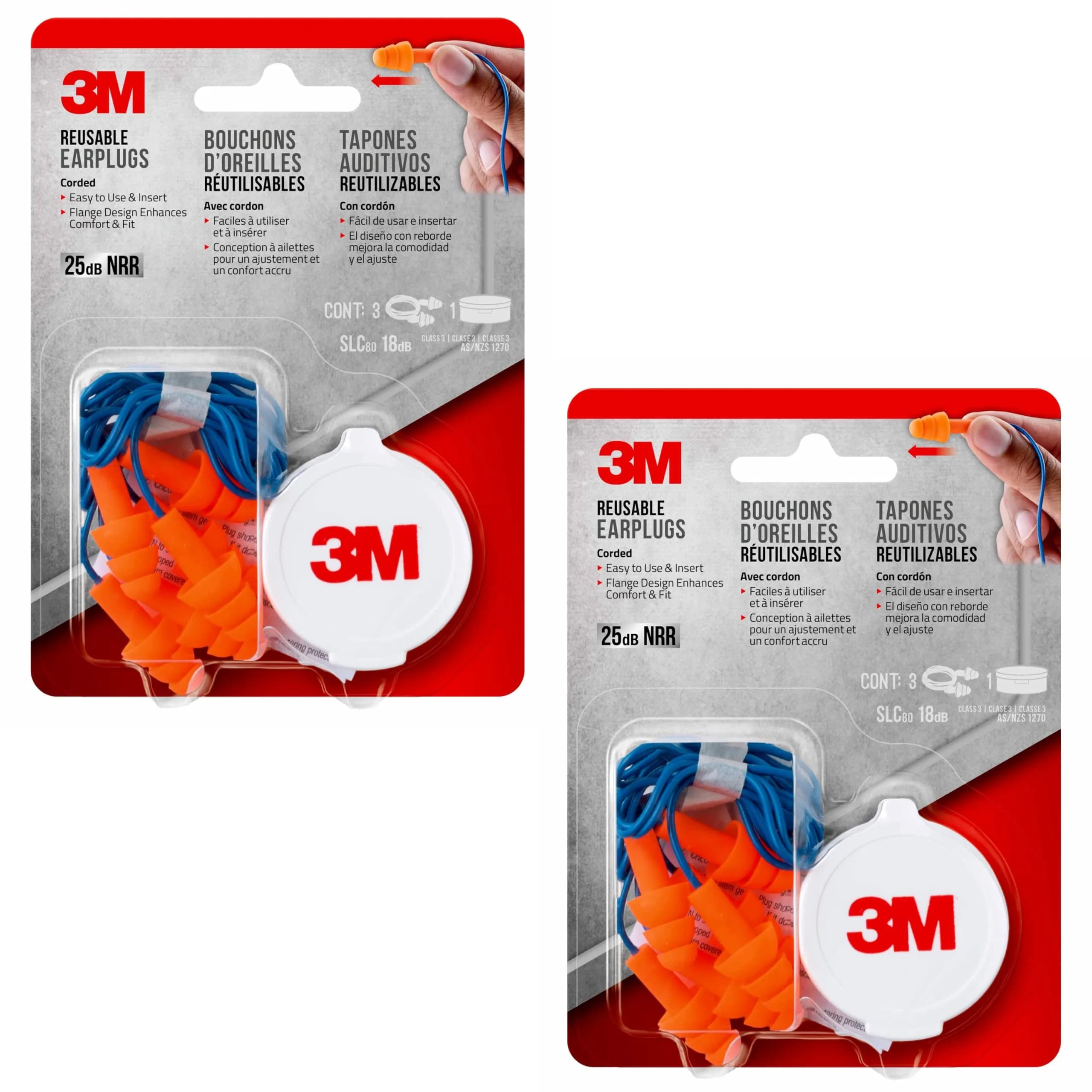 3M Corded Reusable Earplugs 6 Pair (Pack of 2) | NRR 25 dB Noise Reduction - view 2