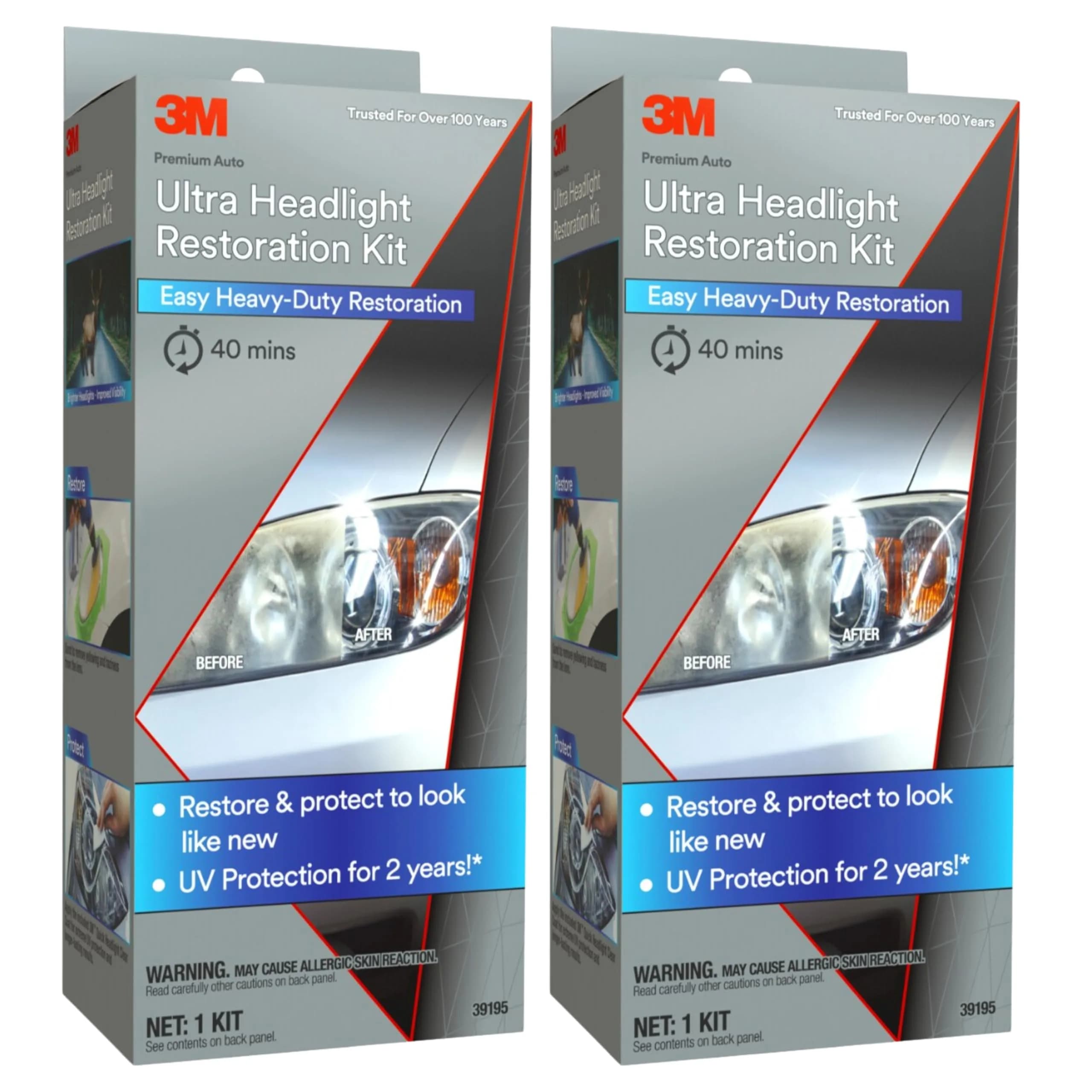 3M Ultra Headlight Restoration Kit 39195, 2 Kits | Restores Cloudy Yellowed Plastic Lenses - main product image