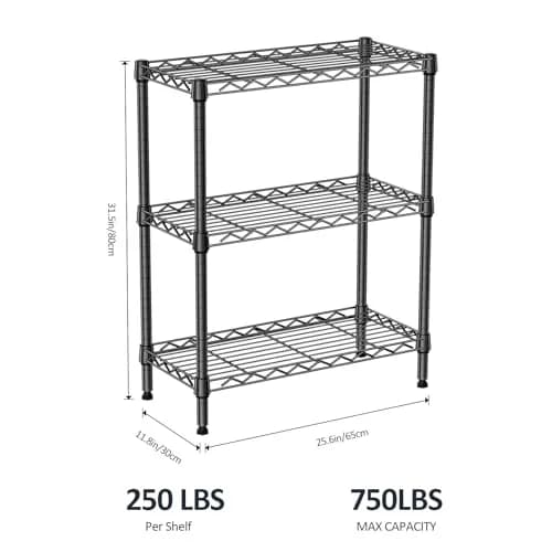 IZEUK 3-Tier Wire Shelving Unit, Small Metal Shelf Rack for Kitchen & Bathroom | 750 lbs Capacity, Black, Adjustable thumbnail 2