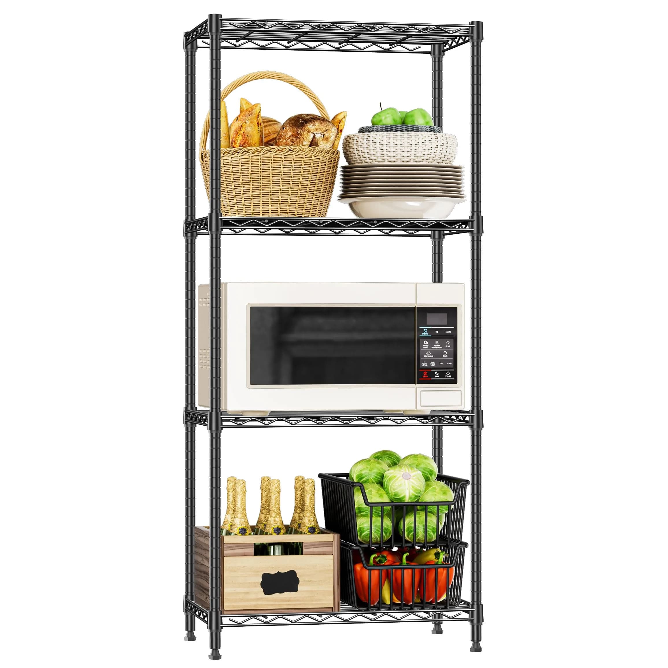 IZEUK 3-Tier Wire Shelving Unit, Small Metal Shelf Rack for Kitchen & Bathroom | 750 lbs Capacity, Black, Adjustable — Black / 4-tier 13.7" D x 23.6" W x 53.4" H