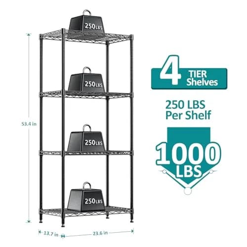 IZEUK 4-Tier Metal Shelf Rack, 24" Black Wire Shelving Unit for Kitchen Storage | Supports Up to 1000 lbs thumbnail 2