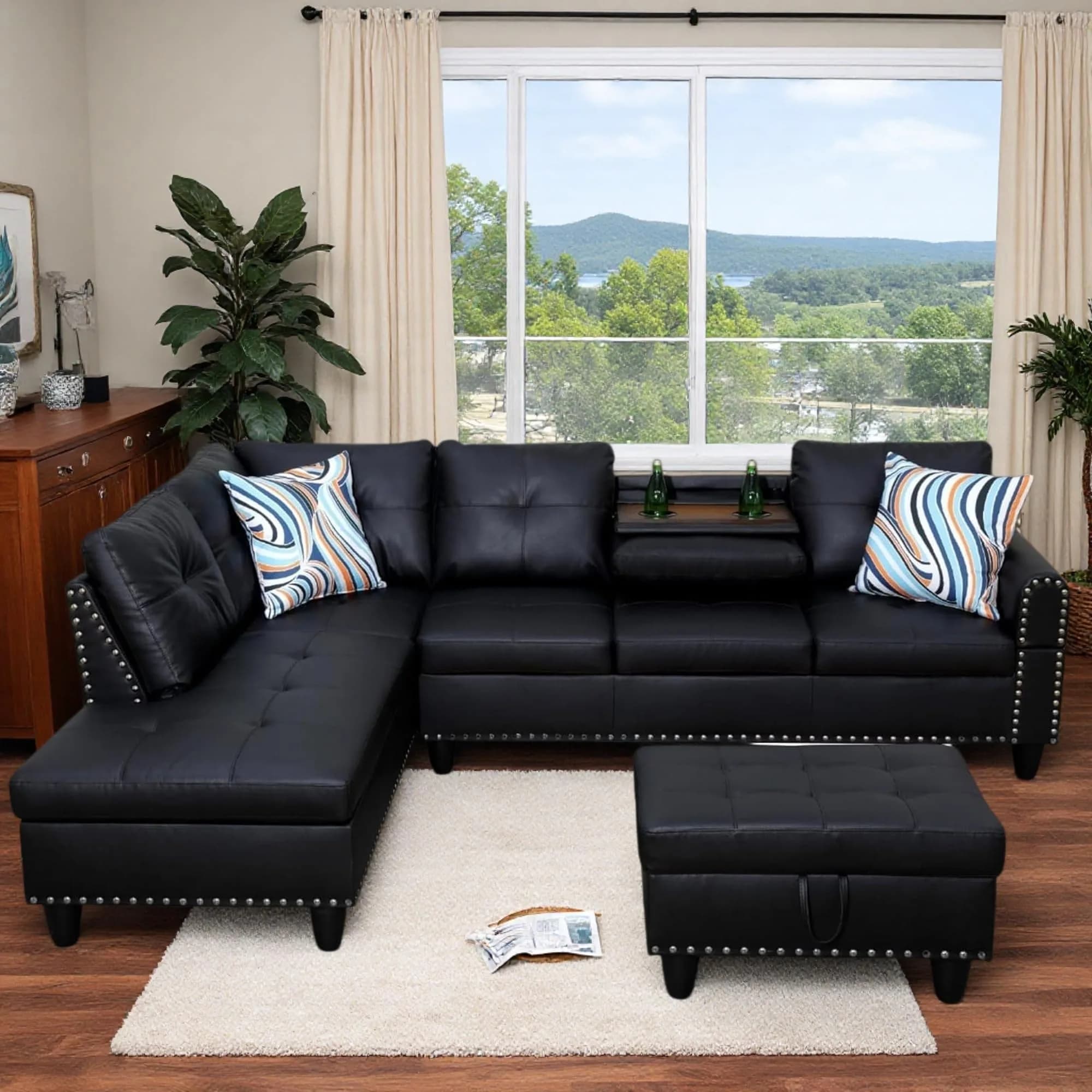 Topcomfy Leather L-Shaped Couch Set, 97.5" L x 69.5" W in Grey | Modular, Skin-Friendly, Durable — Black 2 / Leather