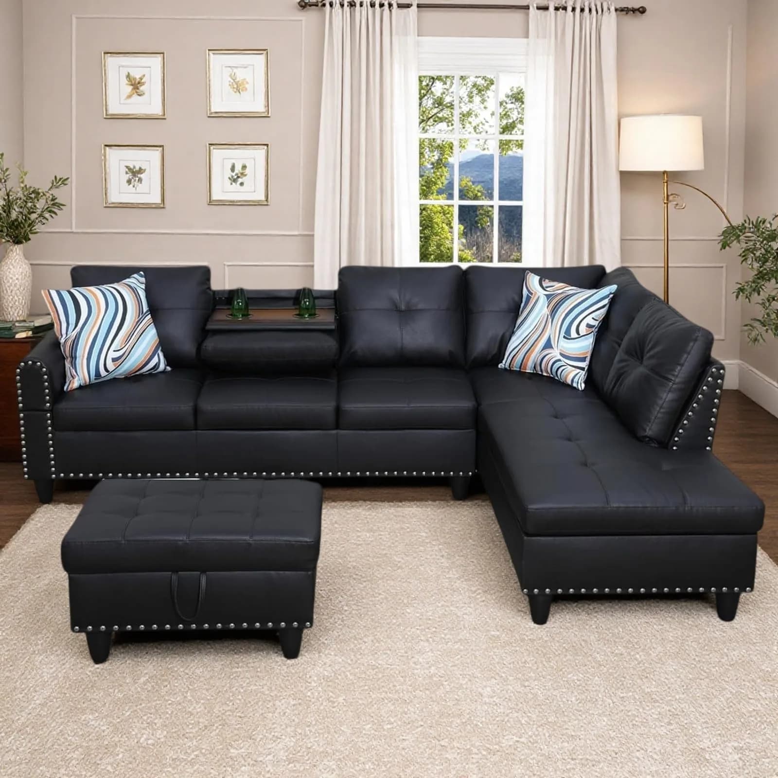 Topcomfy Leather L-Shaped Couch Set, 97.5" L x 69.5" W in Grey | Modular, Skin-Friendly, Durable — A-black 3 / Faux Leather