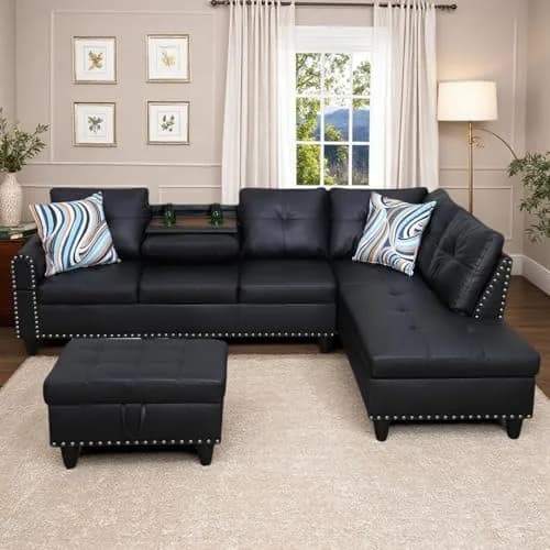 Topcomfy Faux Leather Sectional Couch - L Shaped Black | Modular Living Room Sofa thumbnail 1