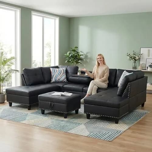 Topcomfy Faux Leather Sectional Couch - L Shaped Black | Modular Living Room Sofa thumbnail 4