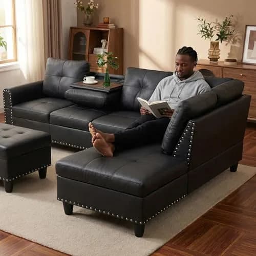 Topcomfy Faux Leather Sectional Couch - L Shaped Black | Modular Living Room Sofa thumbnail 5