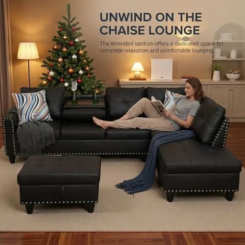 Topcomfy Faux Leather Sectional Couch - L Shaped Black | Modular Living Room Sofa thumbnail 7