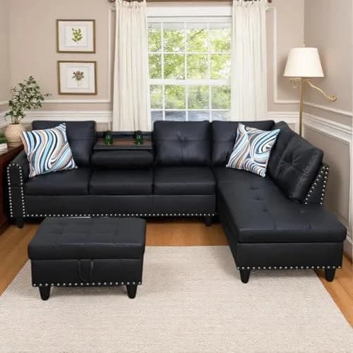 Topcomfy Faux Leather Sectional Couch - L Shaped Black | Modular Living Room Sofa thumbnail 9