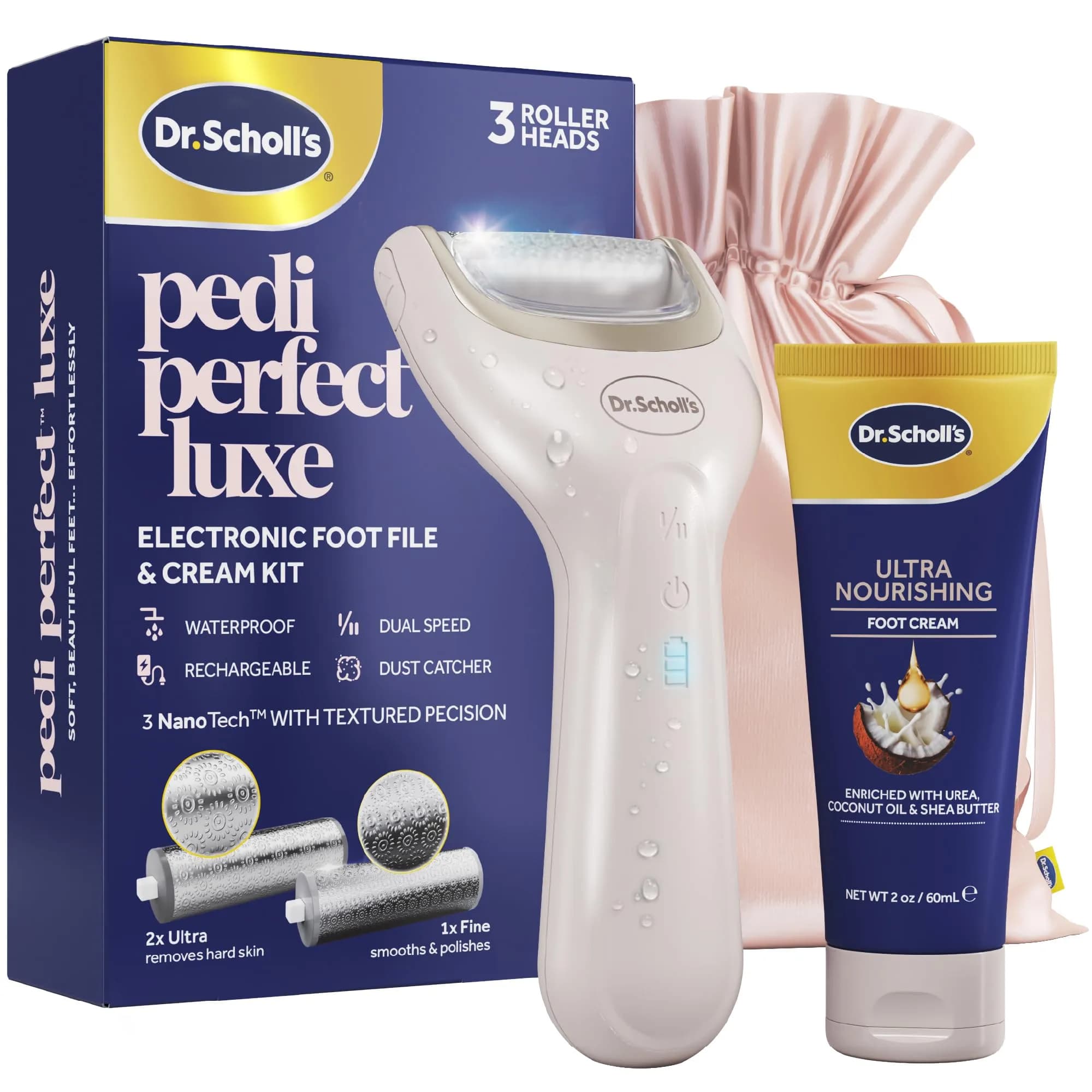 Dr. Scholl's Pedi Perfect Luxe Electric Foot File & Cream Kit | 200ml (6.76 Fl Oz) | Waterproof & Rechargeable