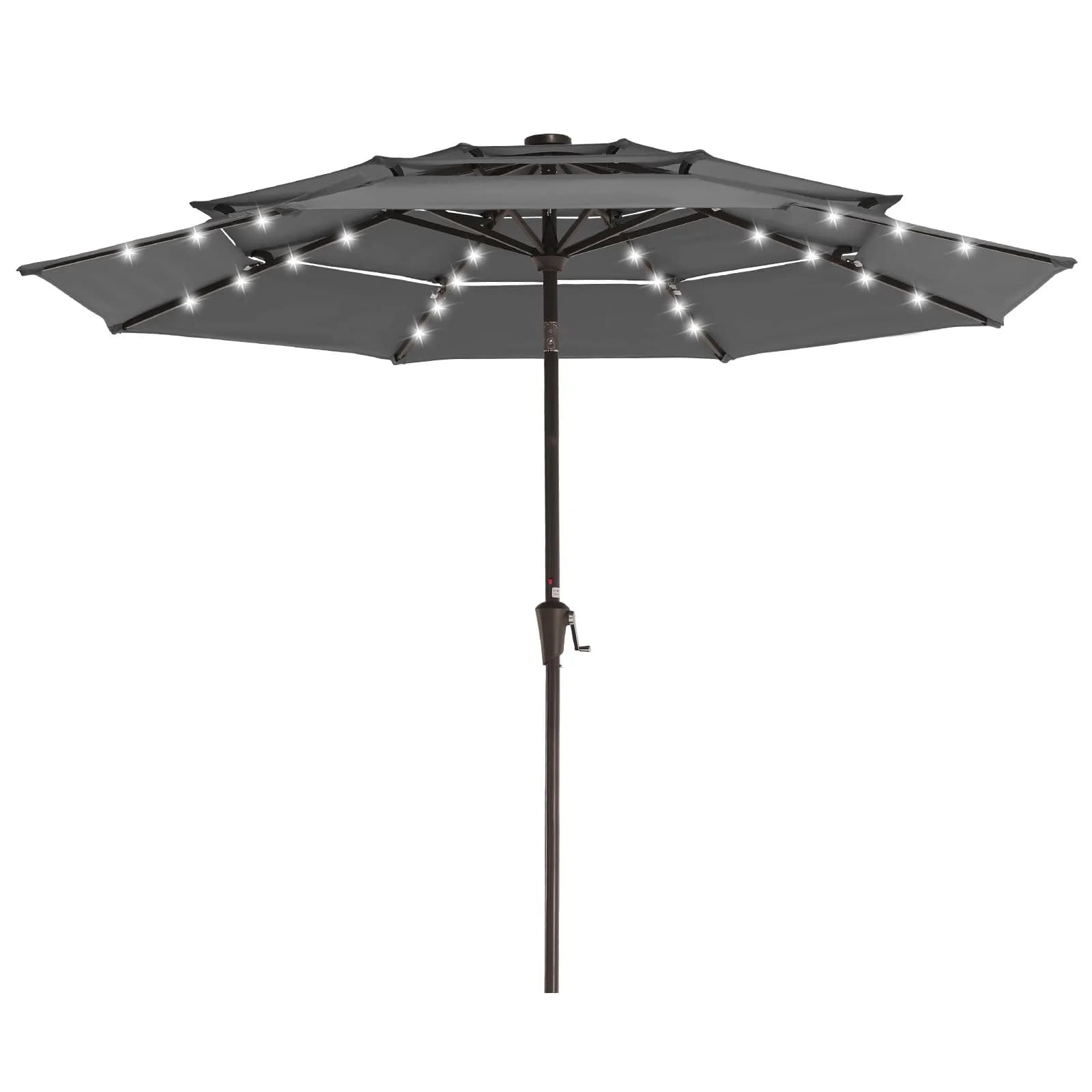 JEAREY 9 ft 3-Tier Outdoor LED Lighted Patio Umbrella w/Crank, Gray | Vented, Water-Resistant, UV Coated, 105.91in Diameter