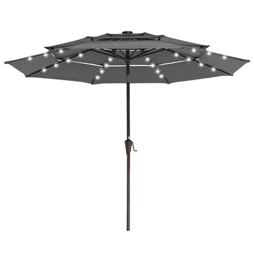 JEAREY 9 ft 3-Tier Outdoor LED Lighted Patio Umbrella w/Crank, Gray | Vented, Water-Resistant, UV Coated, 105.91in Diameter thumbnail 1