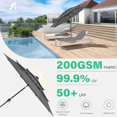 JEAREY 9 ft 3-Tier Outdoor LED Lighted Patio Umbrella w/Crank, Gray | Vented, Water-Resistant, UV Coated, 105.91in Diameter thumbnail 5