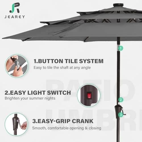 JEAREY 9 ft 3-Tier Outdoor LED Lighted Patio Umbrella w/Crank, Gray | Vented, Water-Resistant, UV Coated, 105.91in Diameter thumbnail 6