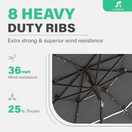 JEAREY 9 ft 3-Tier Outdoor LED Lighted Patio Umbrella w/Crank, Gray | Vented, Water-Resistant, UV Coated, 105.91in Diameter thumbnail 7