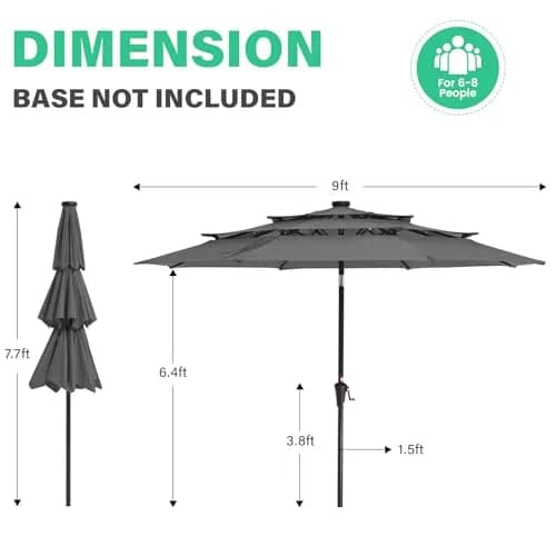 JEAREY 9 ft 3-Tier Outdoor LED Lighted Patio Umbrella w/Crank, Gray | Vented, Water-Resistant, UV Coated, 105.91in Diameter thumbnail 8