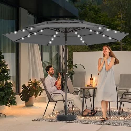 JEAREY 9 ft 3-Tier Outdoor LED Lighted Patio Umbrella w/Crank, Gray | Vented, Water-Resistant, UV Coated, 105.91in Diameter thumbnail 2
