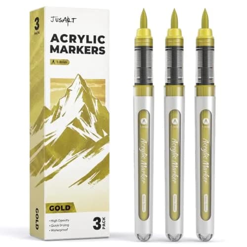 JusArt Gold Acrylic Paint Markers Brush Tip (3-Pack, 1-8mm Lines) | ASTM D4236 Certified thumbnail 1