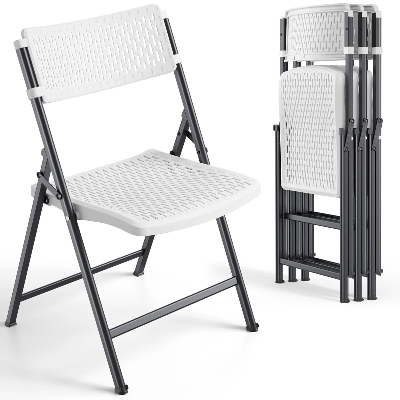 FurniEdge White Folding Chairs 4-Pack | Mesh Injection Molded Plastic, Metal Frame, 400 lbs Support, Indoor/Outdoor Use — White