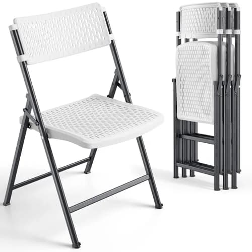 FurniEdge White Folding Chairs 4-Pack | Mesh Injection Molded Plastic, Metal Frame, 400 lbs Support, Indoor/Outdoor Use thumbnail 1