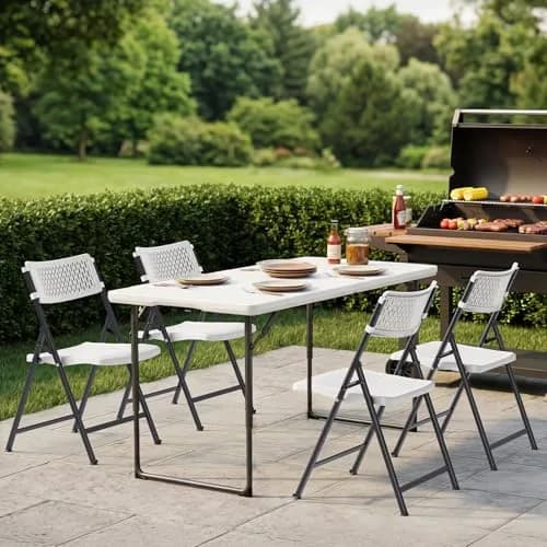 FurniEdge White Folding Chairs 4-Pack | Mesh Injection Molded Plastic, Metal Frame, 400 lbs Support, Indoor/Outdoor Use thumbnail 9