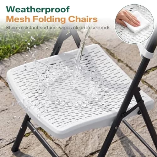 FurniEdge White Folding Chairs 4-Pack | Mesh Injection Molded Plastic, Metal Frame, 400 lbs Support, Indoor/Outdoor Use thumbnail 3