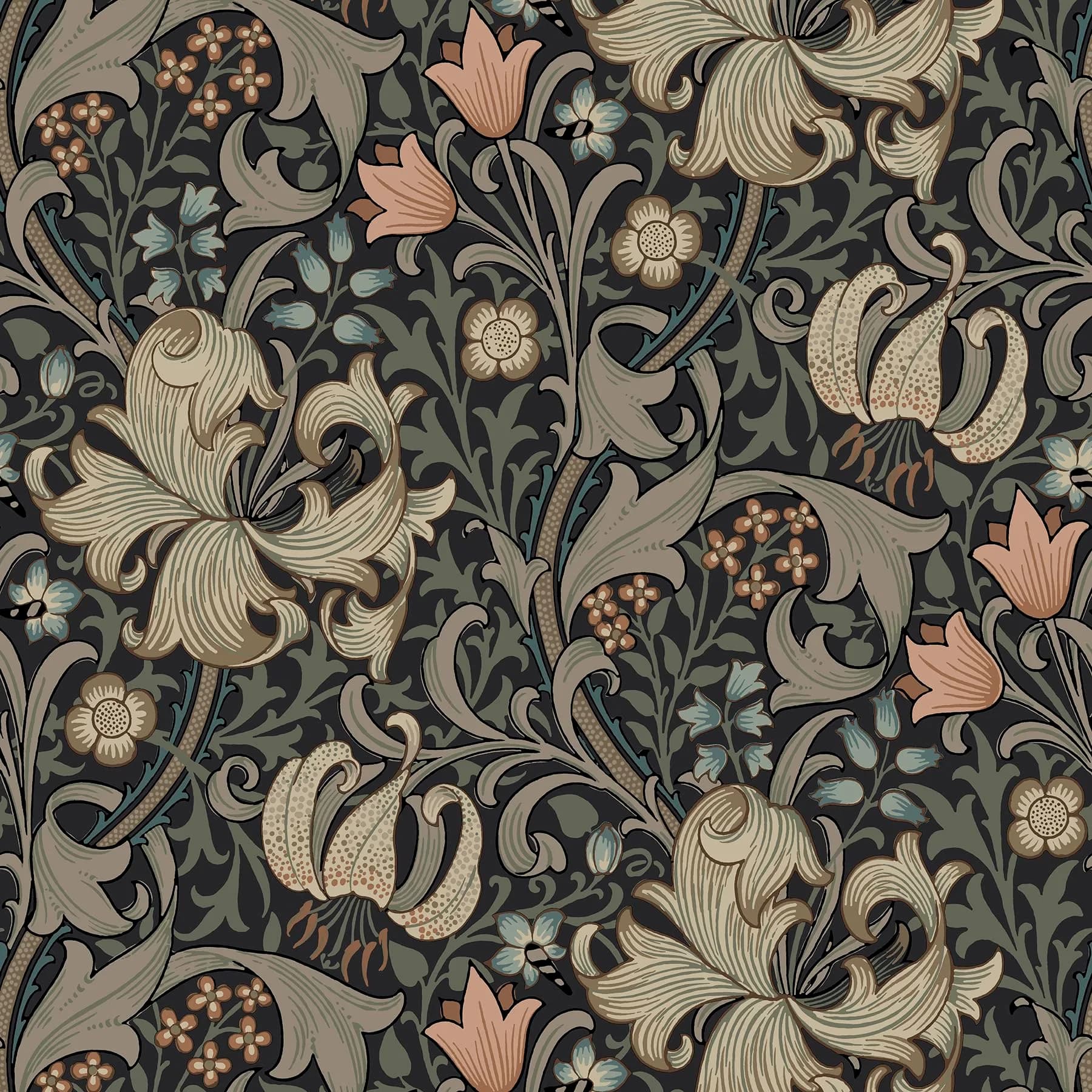 NuWallpaper x Morris & Co. Golden Lily Charcoal and Coral Peel and Stick Wallpaper, MCS6603 | Heritage-Inspired Botanical Pattern, 20.5" x 18ft - main product image