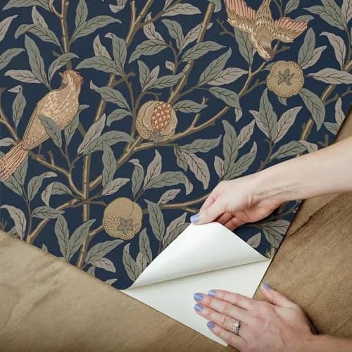NuWallpaper x Morris & Co. Bird and Pomegranate Indigo Peel and Stick Wallpaper, MCS6590 | Botanical Floral Pattern, 20.5" x 18ft thumbnail 4
