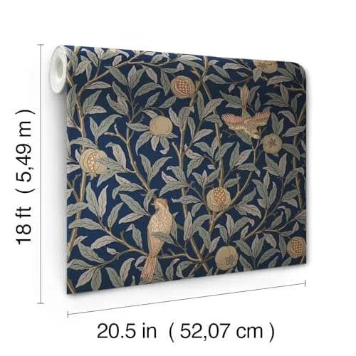 NuWallpaper x Morris & Co. Bird and Pomegranate Indigo Peel and Stick Wallpaper, MCS6590 | Botanical Floral Pattern, 20.5" x 18ft thumbnail 6