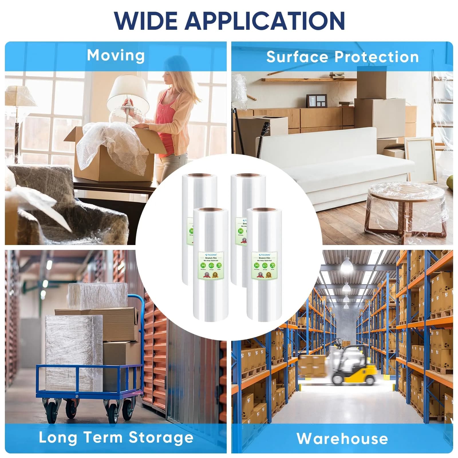 TICONN Stretch Wrap 4-Pack | Industrial Strength Clear Plastic Film for Pallet Wrapping, Shipping, Moving - view 6