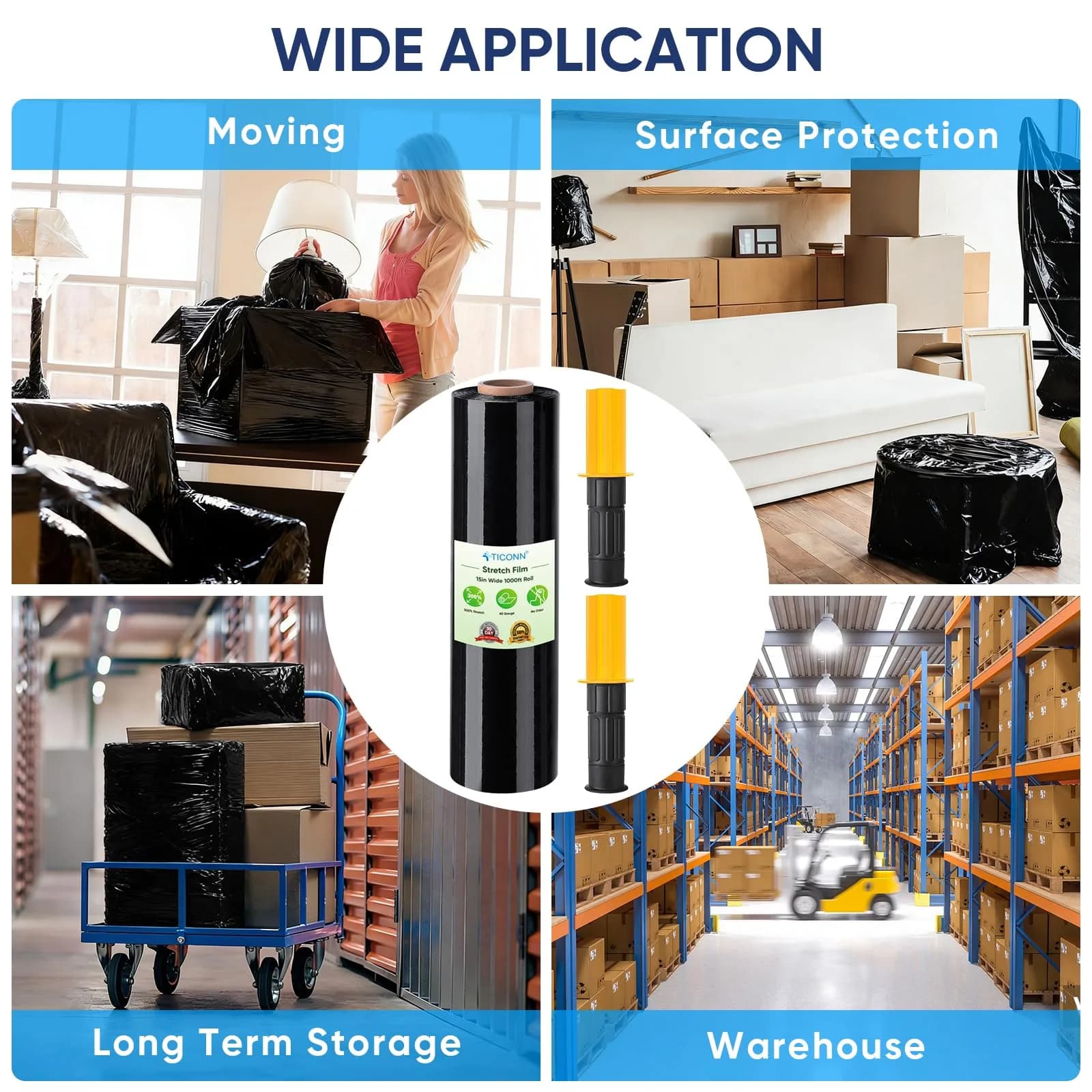 TICONN Stretch Wrap Roll, 15 in x 1000 ft Plastic Wrap with Handles | Industrial Strength for Moving Furniture - view 7
